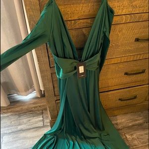 Hunter Green, low cut, side slits, maxi dress
